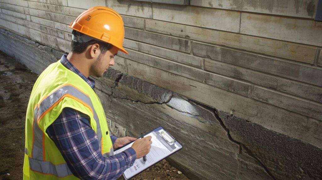Professional inspector examining foundation cracks in a residential property.