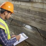 Professional inspector examining foundation cracks in a residential property.