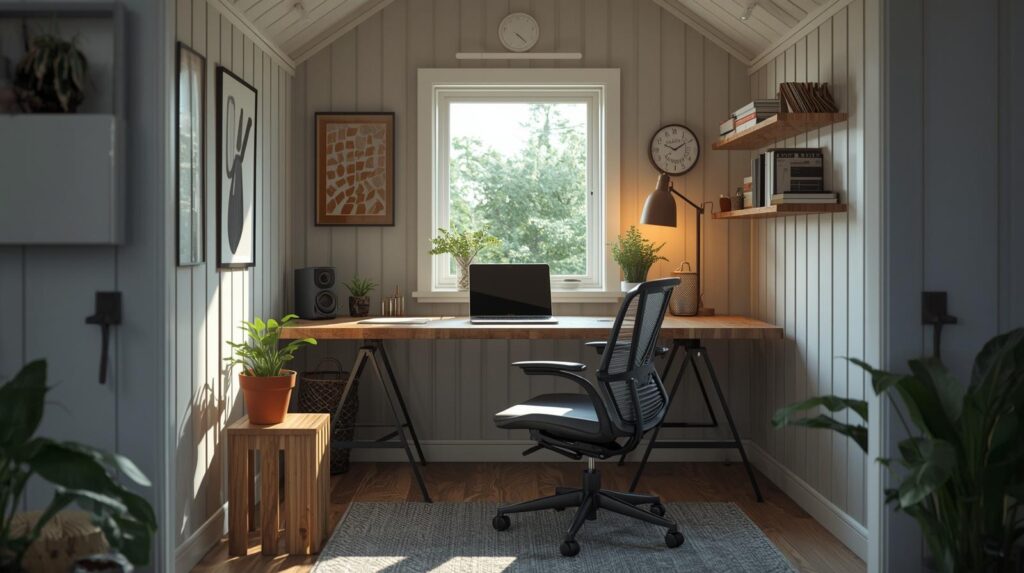 Professional remote work setup inside shed office