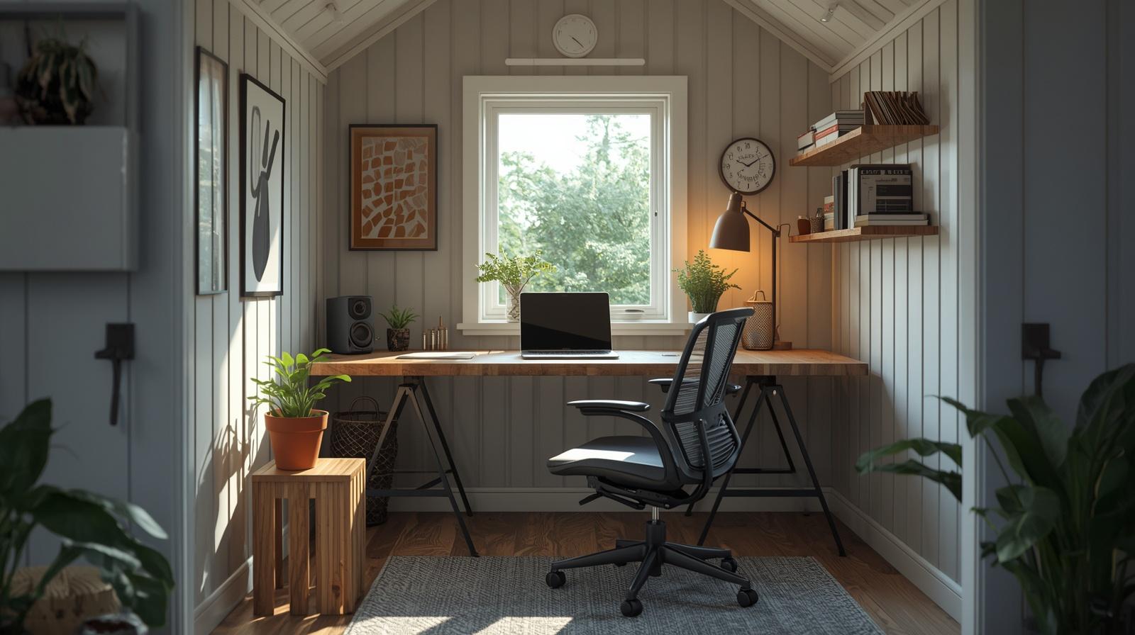 Professional remote work setup inside shed office