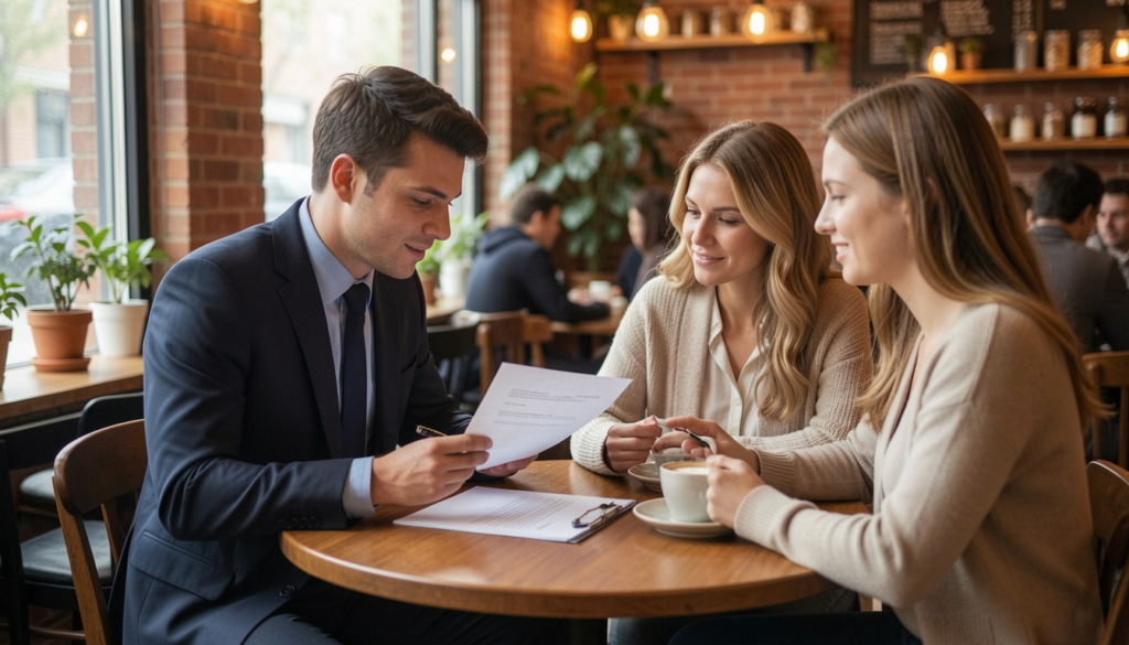 Real estate agent reviewing a home purchase contract with a couple at a coffee shop