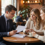 Real estate agent reviewing a home purchase contract with a couple at a coffee shop