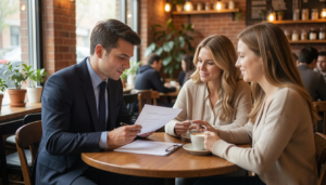 Real estate agent reviewing a home purchase contract with a couple at a coffee shop