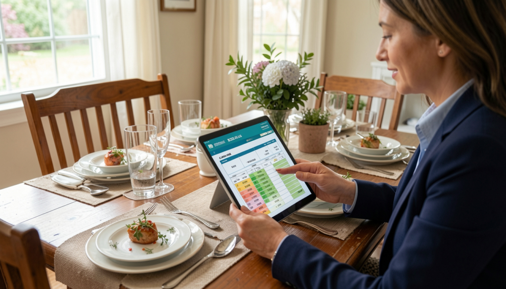 Real estate agent showing a homeowner a pricing chart and CMA report on a tablet