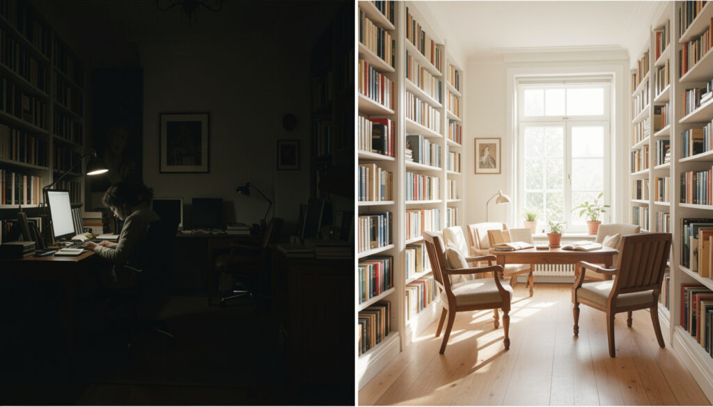 Side-by-side comparison of a dark, moody study room and a bright, sunlit reading room