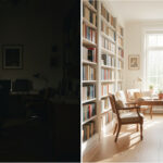Side-by-side comparison of a dark, moody study room and a bright, sunlit reading room