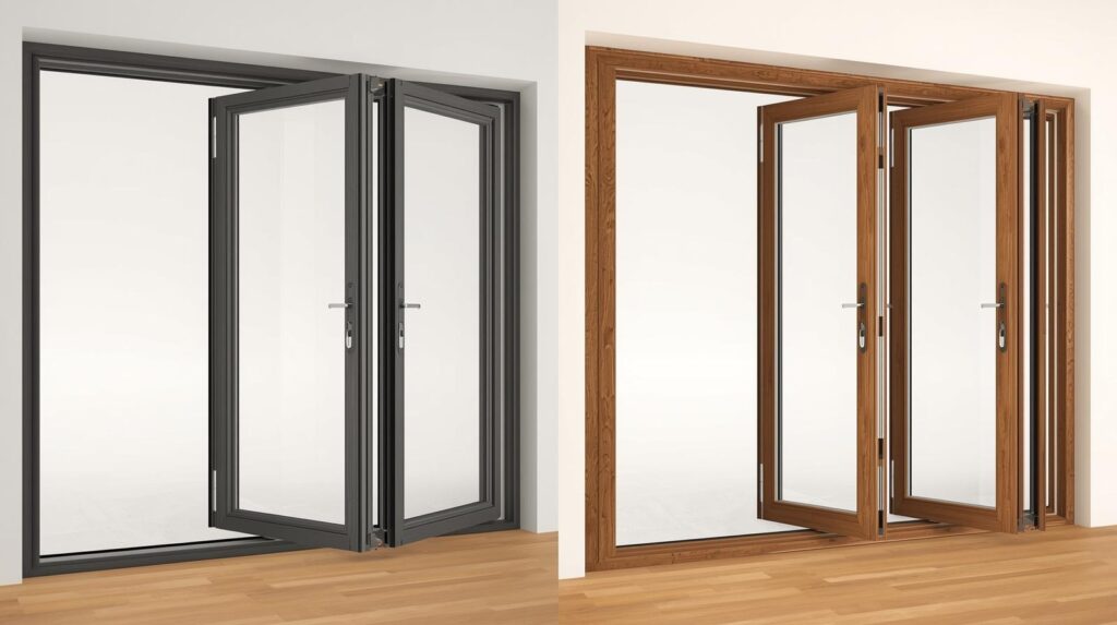 Side-by-side comparison of folding glass door styles including thermally broken aluminium and timber-look frames