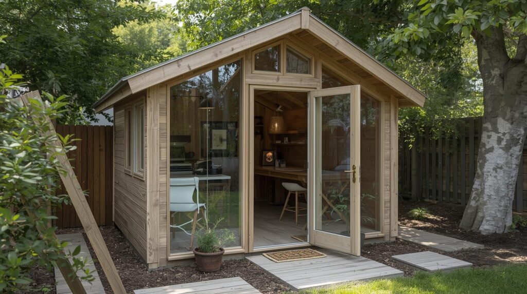 Small backyard shed with glass windows workspace