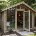 Small backyard shed with glass windows workspace