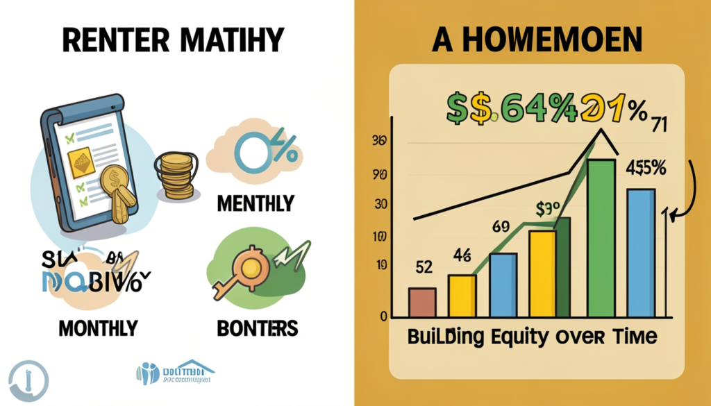 Split image comparing a renter paying monthly rent vs. a homeowner building equity over time