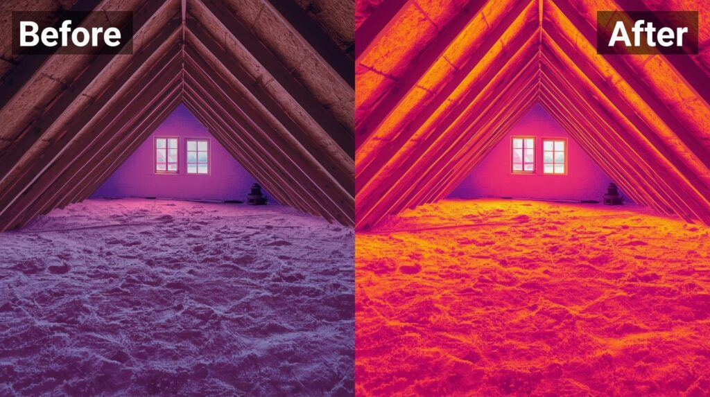 Split-image showing before and after insulation upgrade in an attic, with thermal imaging overlay showing improved heat retention