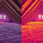 Split-image showing before and after insulation upgrade in an attic, with thermal imaging overlay showing improved heat retention