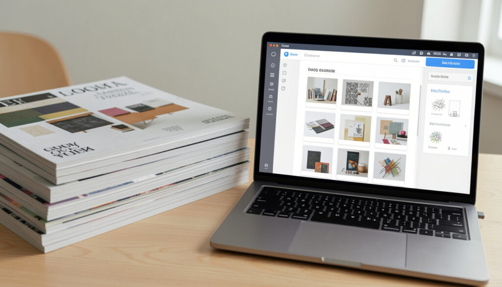 Stack of design magazines and a laptop open to a mood board app