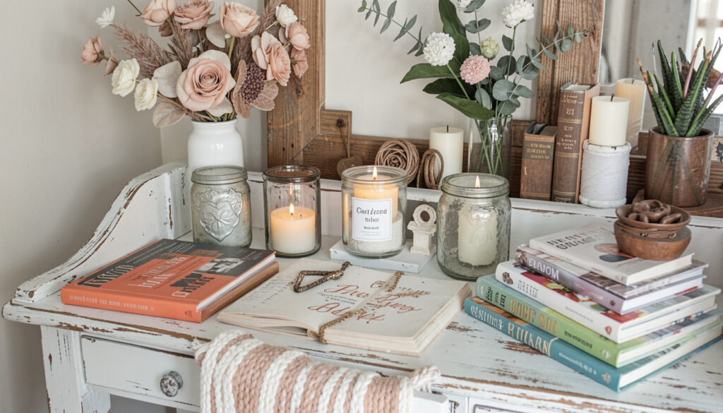Styled thrifted desk with budget finds, candles in repurposed glassware, and scattered books