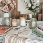 Styled thrifted desk with budget finds, candles in repurposed glassware, and scattered books