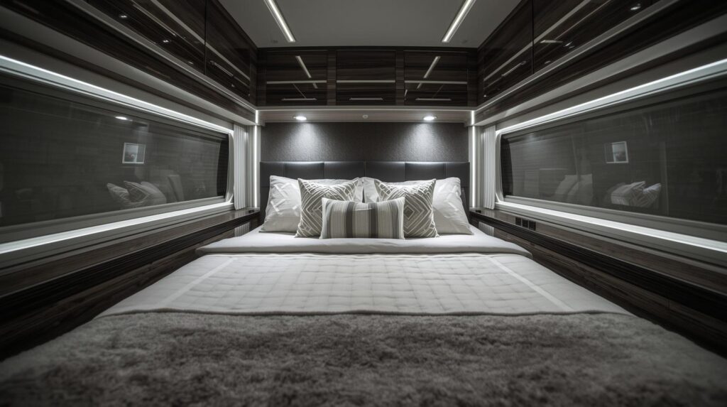 Truck bedroom with modern lighting and bed setup