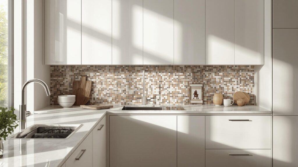 Updated kitchen with new hardware and modern backsplash