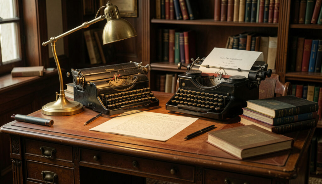 Vintage writing desk with leather surface, brass desk lamp, typewriter, and scattered academic books
