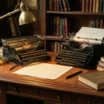 Vintage writing desk with leather surface, brass desk lamp, typewriter, and scattered academic books