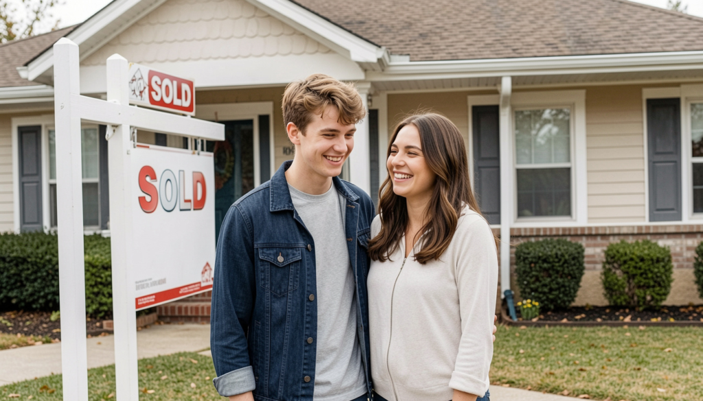  Young couple standing in front of a house with a 'Sold' sign, looking happy