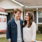 Young couple standing in front of a house with a ‘Sold’ sign, looking happy