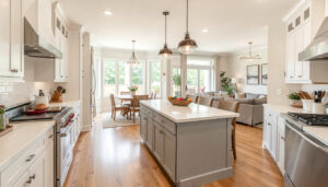 A bright open-concept kitchen flowing into a dining and living area, with a large island acting as the visual anchor between the spaces.