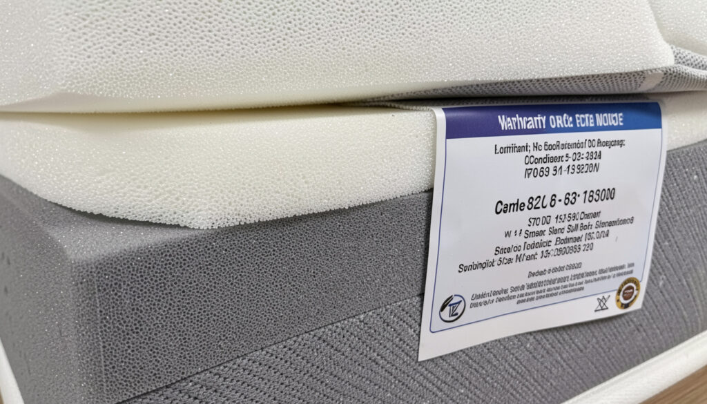 A close-up photo of high-density foam layers or a warranty certificatelabel on a mattress.