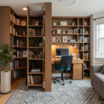 A compact home office zone carved out of a living room using an open bookshelf as a room divider and a patterned area rug.