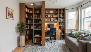 A compact home office zone carved out of a living room using an open bookshelf as a room divider and a patterned area rug.