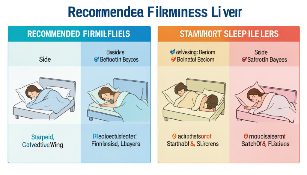A comparison graphic showing recommended firmness levels for side, back, and stomach sleepers.