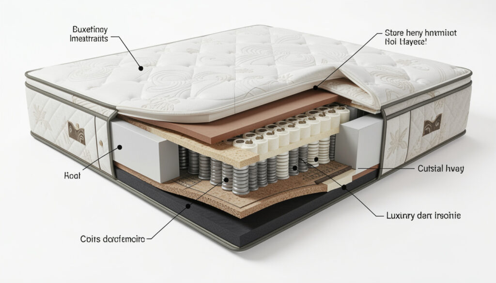 A cutaway diagram showing the internal layers of a luxury mattress (coils, foam, latex, cover).