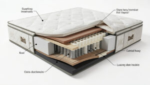 A cutaway diagram showing the internal layers of a luxury mattress (coils, foam, latex, cover).