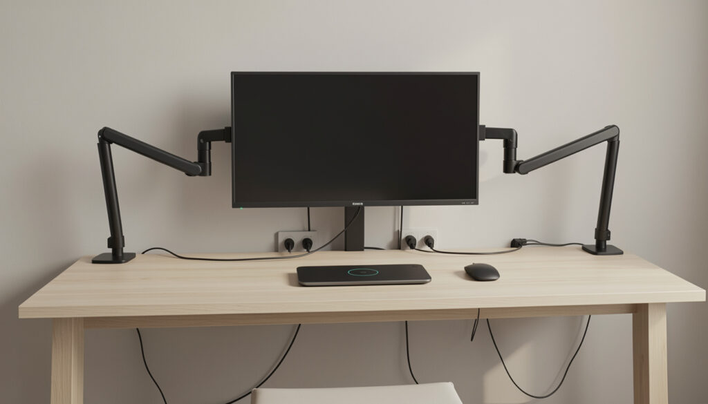 A minimalist desk setup with hidden cable management, wireless charging pad, and dual monitor arms in a neutral-toned office.