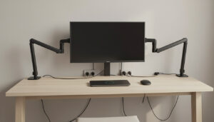 A minimalist desk setup with hidden cable management, wireless charging pad, and dual monitor arms in a neutral-toned office.