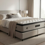 A modern bedroom setup showcasing a premium hybrid mattress with a stylish adjustable base.
