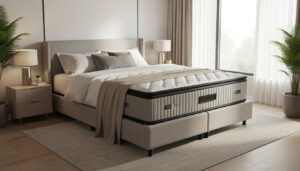 A modern bedroom setup showcasing a premium hybrid mattress with a stylish adjustable base.