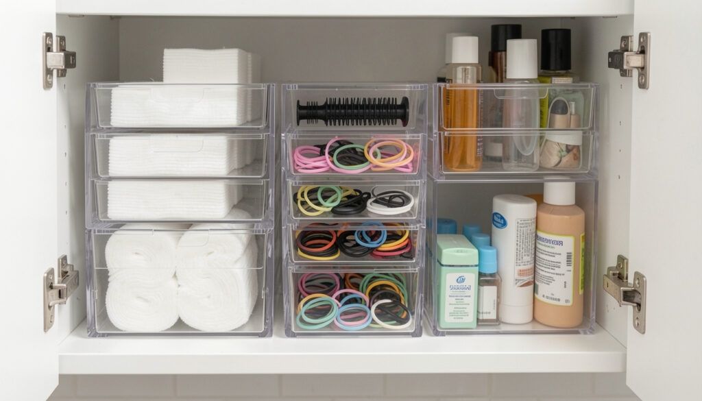  A neatly organized bathroom cabinet shelf with clear stackable acrylic bins holding cotton pads, hair ties, and small toiletries.