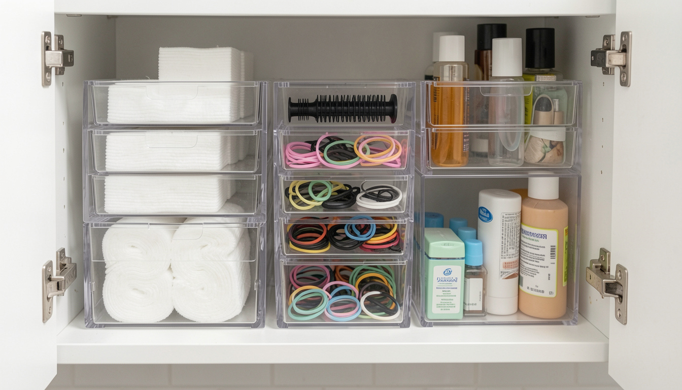 A neatly organized bathroom cabinet shelf with clear stackable acrylic bins holding cotton pads, hair ties, and small toiletries.