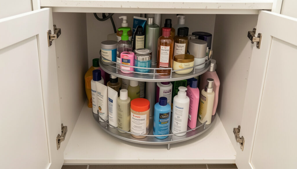  A rotating lazy Susan organizer inside an under-sink bathroom cabinet filled with skincare and cleaning bottles.