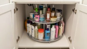 A rotating lazy Susan organizer inside an under-sink bathroom cabinet filled with skincare and cleaning bottles.
