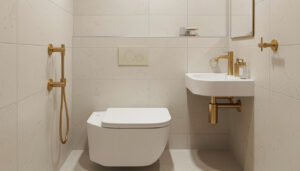 A slim wall-hung toilet and compact corner sink in a small luxury bathroom with light tile and brushed gold fixtures.