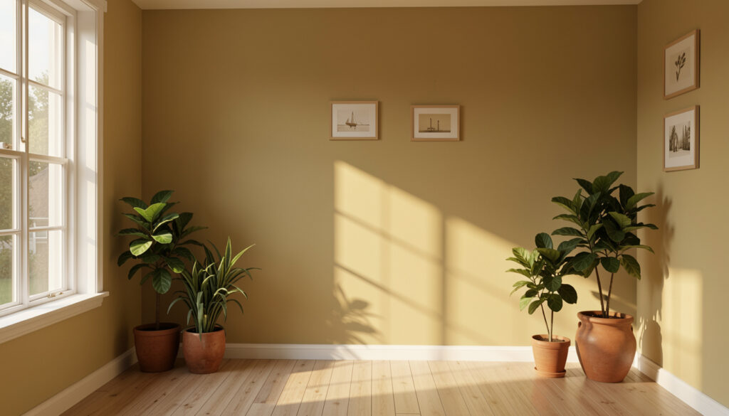 A sunlit room showing how natural light changes the appearance of a wall color from morning to afternoon.