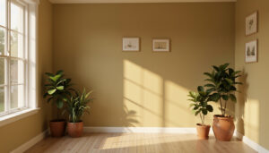 A sunlit room showing how natural light changes the appearance of a wall color from morning to afternoon.