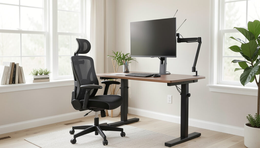 A well-lit home office with an ergonomic mesh chair, adjustable standing desk, and monitor arm positioned at eye level.