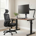 A well-lit home office with an ergonomic mesh chair, adjustable standing desk, and monitor arm positioned at eye level.