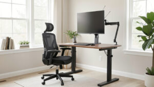 A well-lit home office with an ergonomic mesh chair, adjustable standing desk, and monitor arm positioned at eye level.