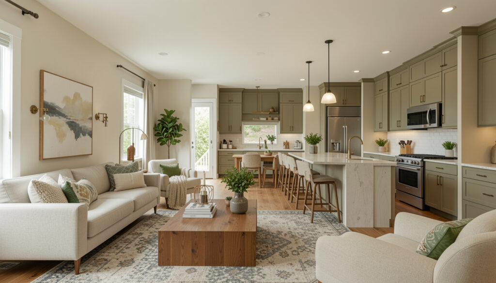 An open-concept living and kitchen space showing a cohesive color palette flowing between rooms.