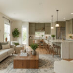 An open-concept living and kitchen space showing a cohesive color palette flowing between rooms.