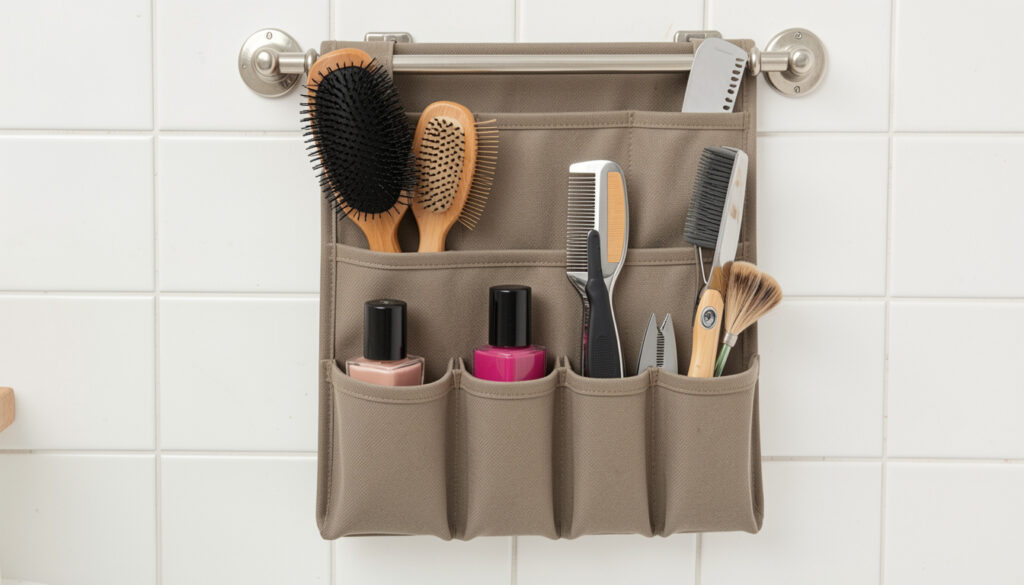 An over-the-door bathroom organizer with small pockets holding hairbrushes, nail polish, and grooming tools.