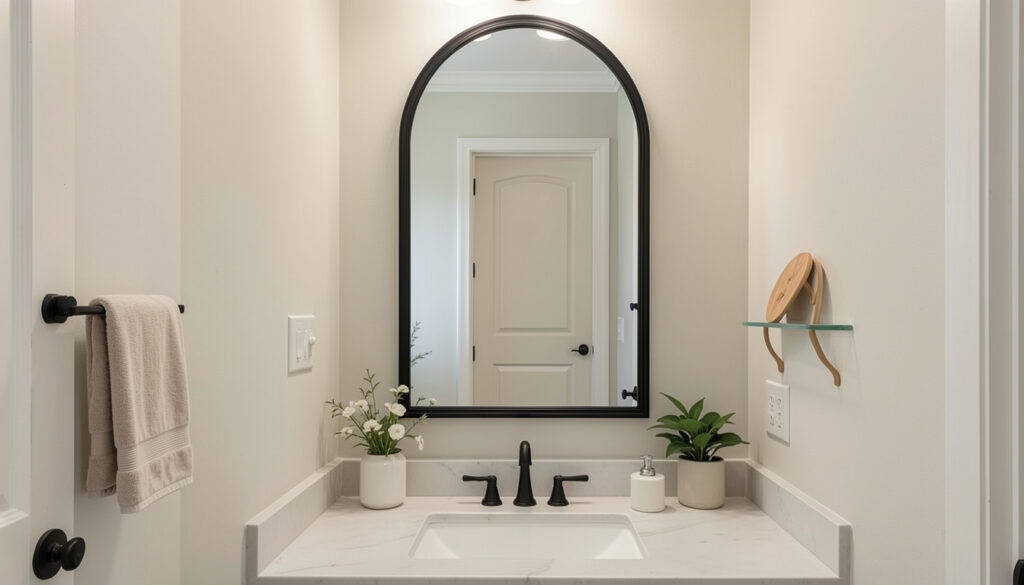 Arched black-framed mirror above a bathroom sink